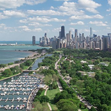 aerial view of Chicago skyline with the marina